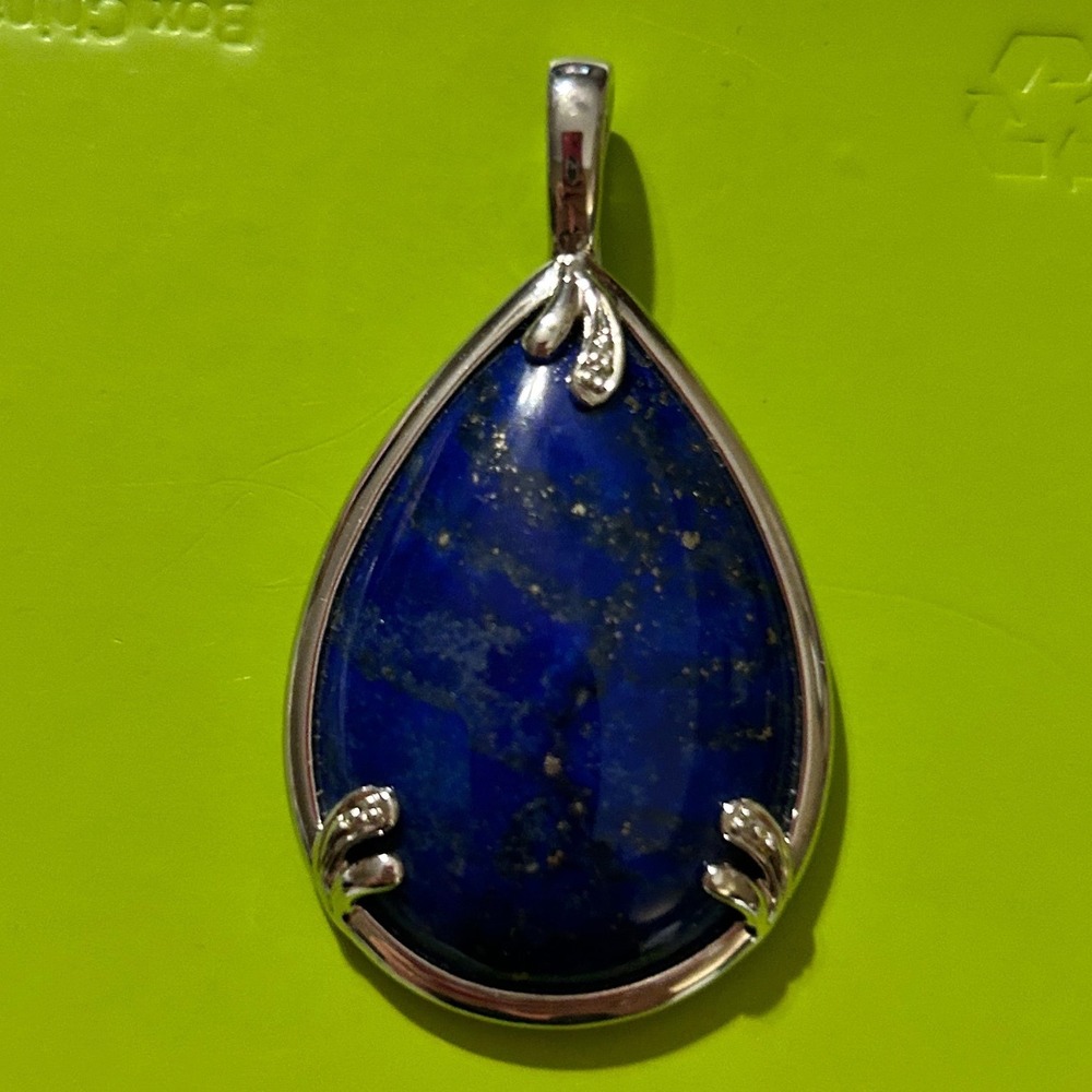 925 Sterling Silver Lapis Lazuli Teardrop Pendant Blue Pyrite Cabochon Fine